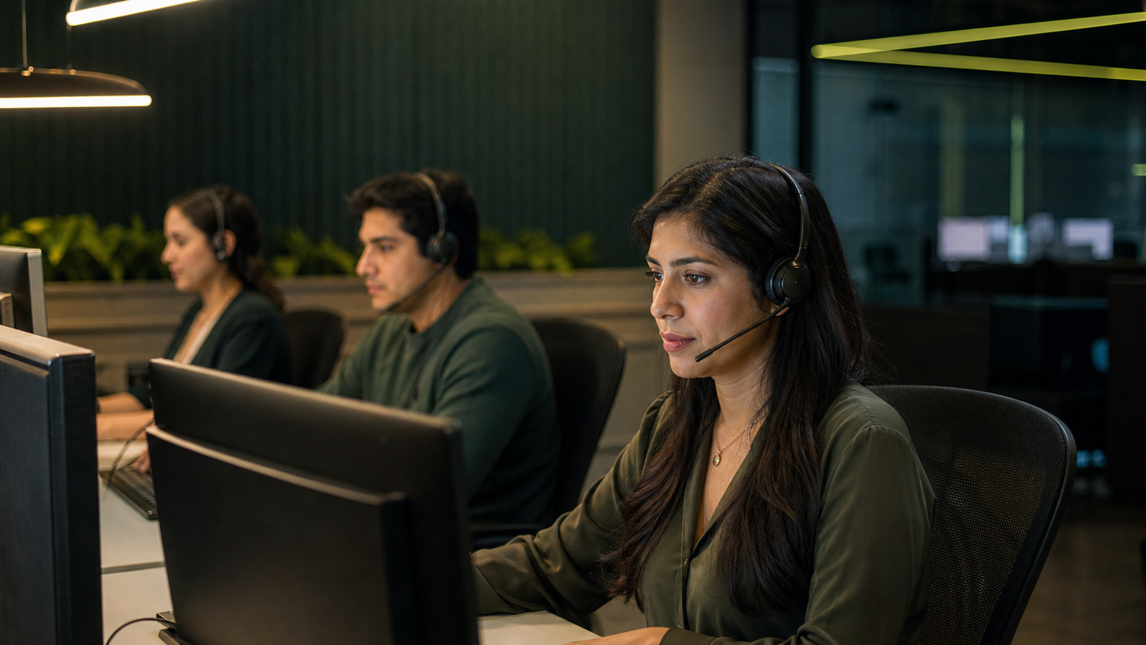 Customer support professionals working in a modern operations center
